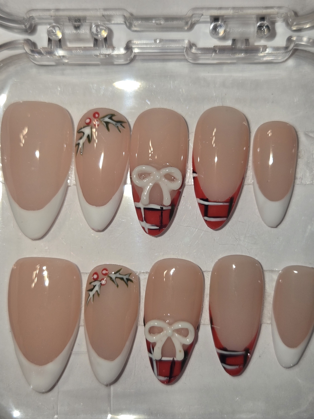 Hand Crafted Nude & White French Tips with Red Plaid and Holly Accents